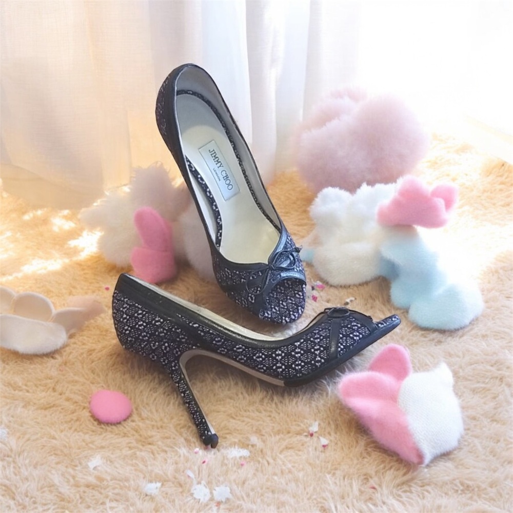 CLOSE OUT SALE Jimmy Choo Peep Toe Heels Like New Purple Black Tweed Size 39 - Picture 2 of 6